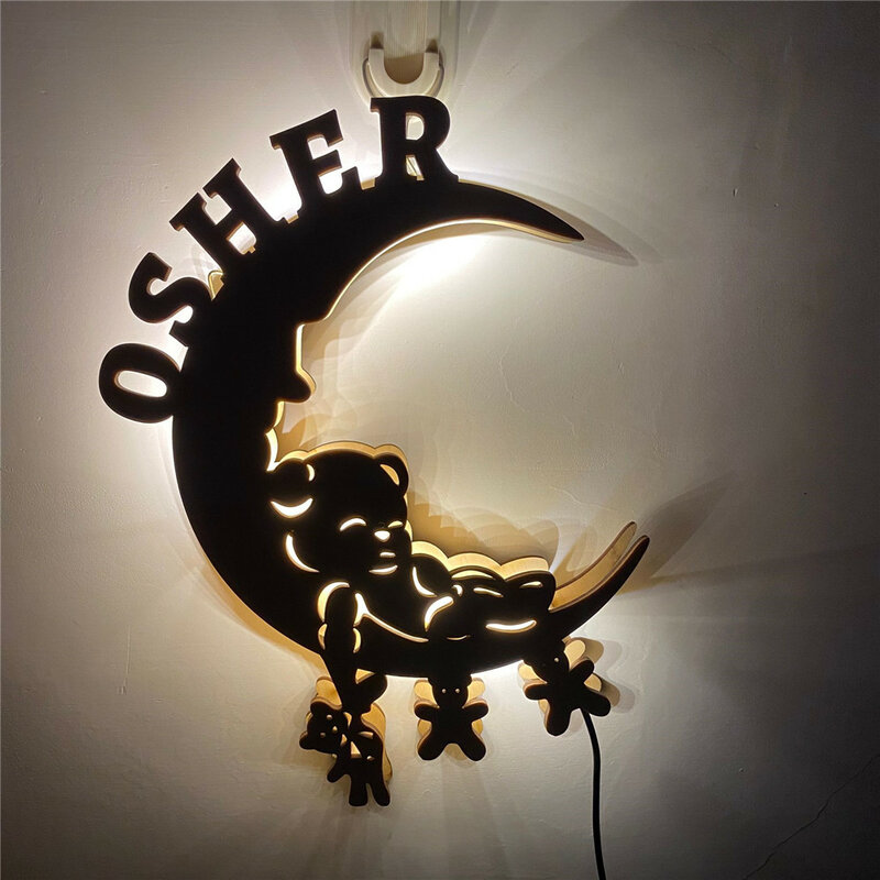 Moon LED Wall Night Light Personalized Name Sign for Baby Girls Boys Room Bedroom Decoration Personalized Custom Wooden Lamp