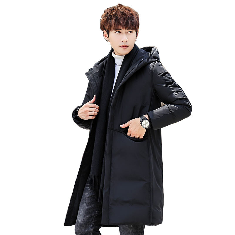 男性用の暖かい冬のコート,長いカジュアルなシンプルでルーズなフィット感,韓国のバージョン,ファッショナブル,フード付き