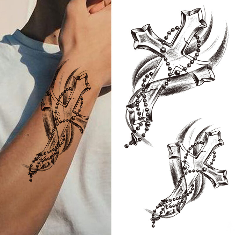 Compass Half Sleeve Temporary Tattoos For Women Men Adult Black Cross Tattoo Sticker Realistic Fake Lion Tatoo Bird Clock Flower