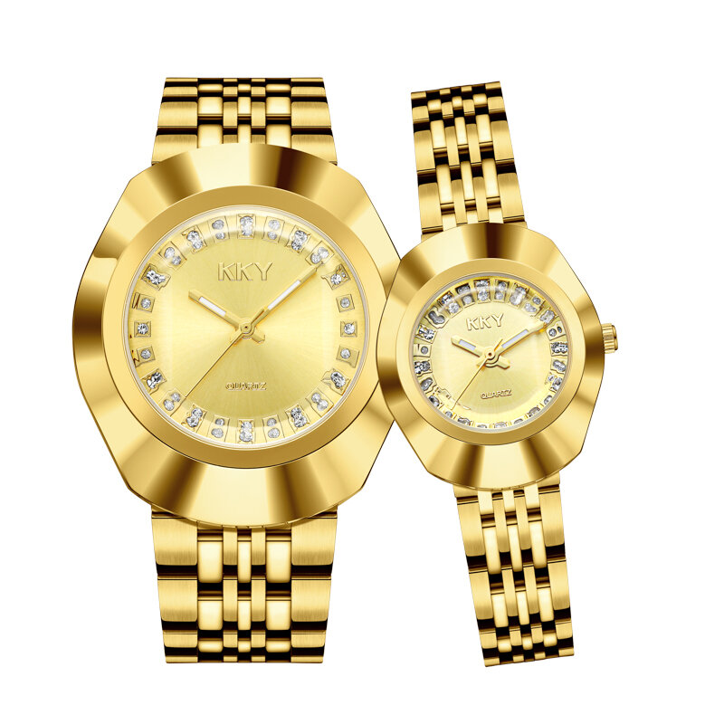 Relógio de ouro KKY-Relógios de pulso de luxo em aço inoxidável para casais, marca superior, quartzo relógios esportivos para amantes, 2022