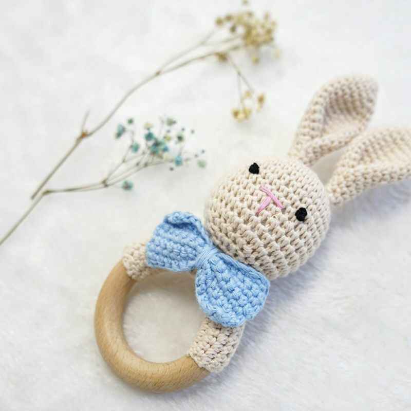 Baby Holz Beißring Ring DIY Häkeln Hase Rassel Baumwolle Hund Schnuller Armband Infant Zahnen Molaren Spielen Spielzeug
