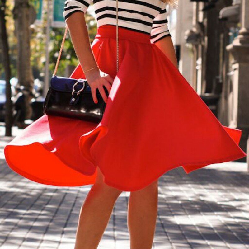 + 2020 femmes taille haute couleur unie jupe automne plissé balançoire genou-longueur jupes rouge rose noir mode Stretch jupe 1 pièce