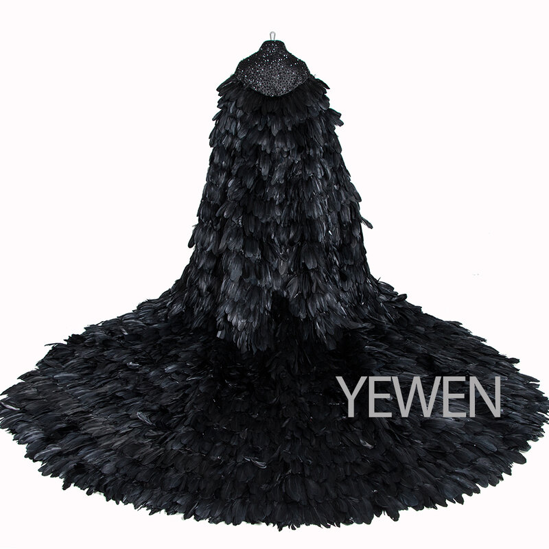 Penas lindo preto longo prom capa robe yewen cristais casamento jaqueta elegante fotografia extravagante adereços robe de soire