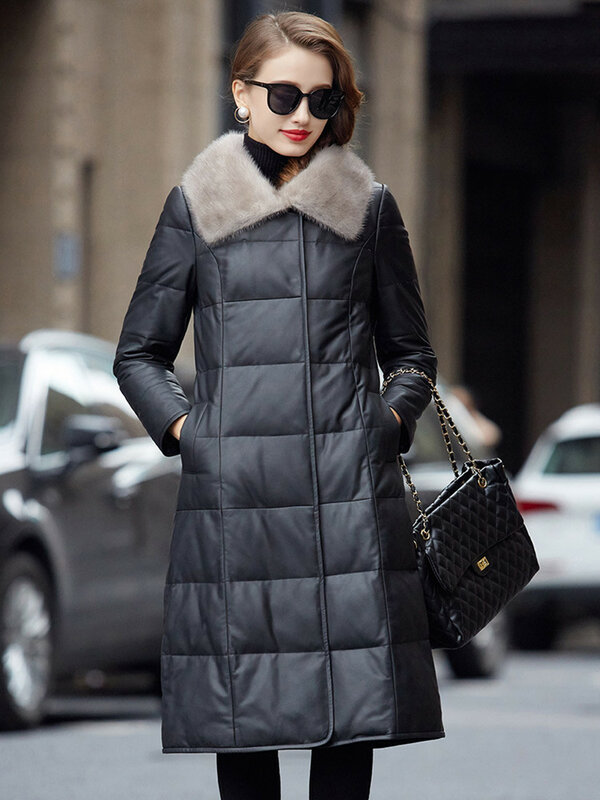 여성용 가죽 다운 재킷, 중간 길이 양가죽 코트, 밍크 퍼 칼라, 레저 슬림 다운 코트, 가을, 겨울