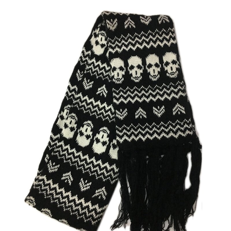 Мужской вязаный шарф с бахромой, черный и белый шарф из искусственной шерсти с черепами