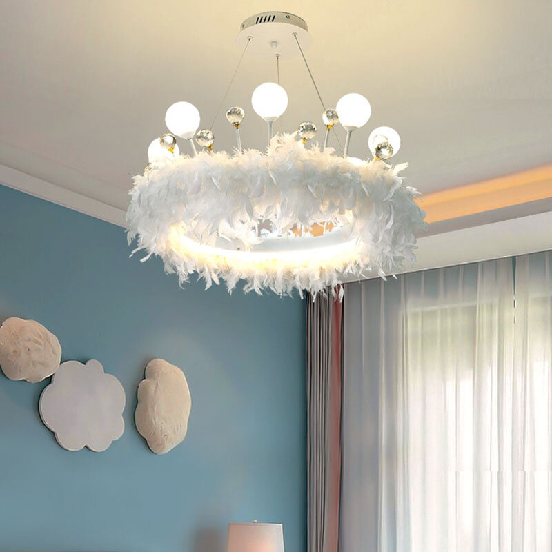 Kobucy-lámpara colgante de plumas para habitación de niñas, luz colgante romántica con decoración de cristal de estilo nórdico, INS, de princesa