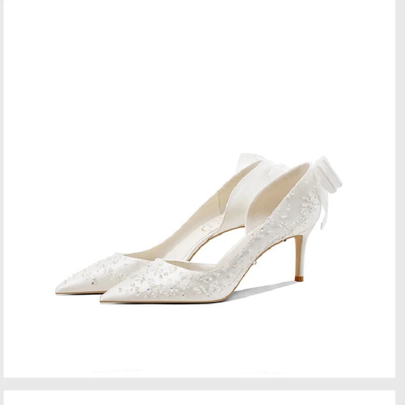 Zapatos de boda con bordado francés para mujer, sandalias de perlas blancas para vestido de banquete, 2021