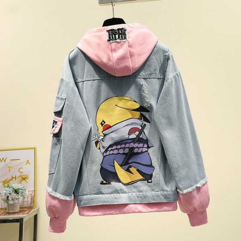 Fake Two-piece Hooded Denim Jacket Women Korean Loose Wild 2023 Autumn Winter New Chaqueta Mujer Hole Patch