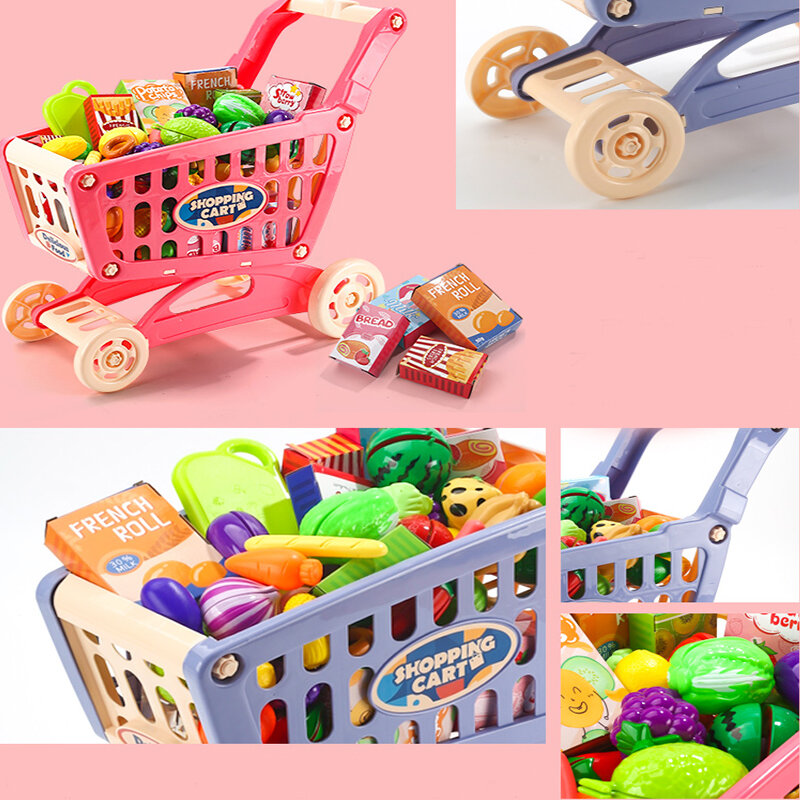 Conjunto de carrinho de brinquedo para crianças, carrinho de compras para supermercado, cesta de brinquedo, simulação de comida de frutas para crianças