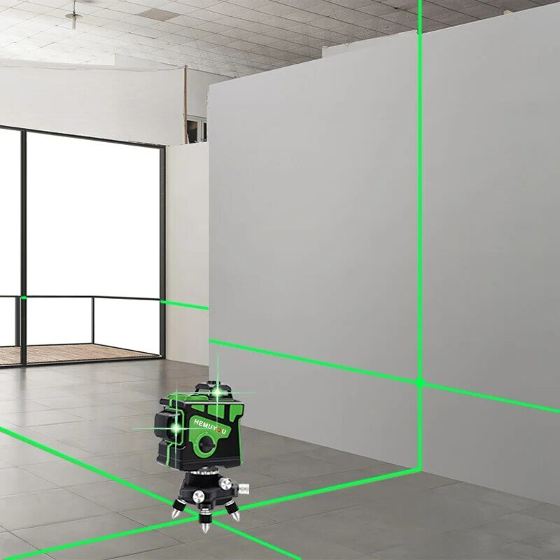 Nivel láser 360, herramientas de construcción para nivelación 3D, 12 líneas, potente haz láser verde, autoasertado, piezas de repuesto, batería de alta potencia