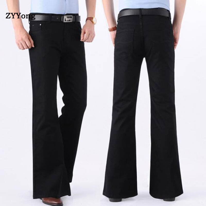 Zyyong calça jeans solta masculina, trompete larga de marca fina, estilosa clássica para homens, jeans elástico, azul e preta