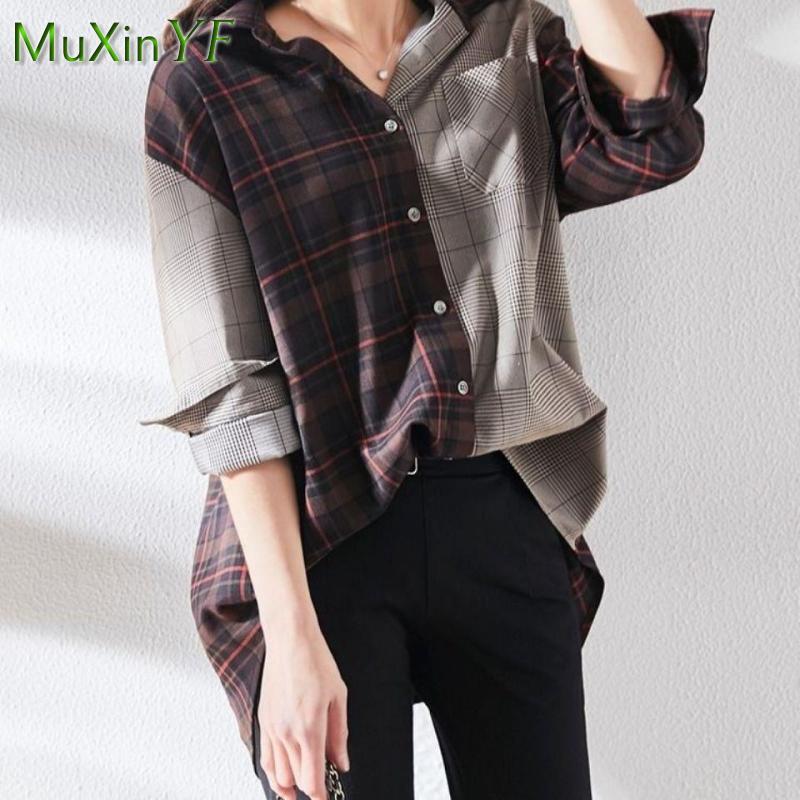 Frauen Hemd 2021 Frühling Herbst Neue Nähte Plaid Lose Lange-ärmeln Bluse Korean Fashion Elegante Vintage Strickjacke Top