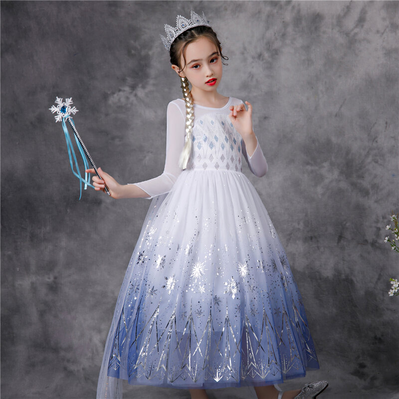 2021 Summer Fancy Girl Snow Queen Elsa 2 Dress Kids Shining Snowflake Princess Party Gown Girls Holiday Long Dress with Cape