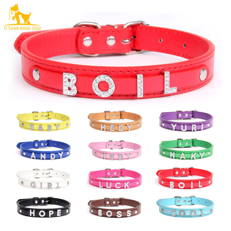 12 Colors Custom ID Name Pet Cat Dog Collar Personalized Leather Puppy Collars for Small Medium Large Dog with Rhinestone Letter