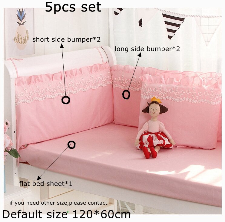 5pcs Set Pink Princess Baby Cot Bumpers Solid Color Cotton Lace White Grey Baby Crib Bedding Universal Kids Room Decor