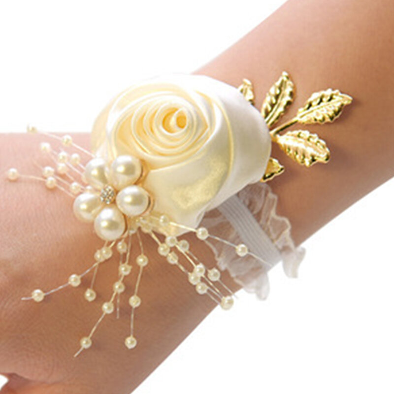 Flor elegante do pulso da pérola para a noiva, flores da mão, casamento romântico, madrinhas, bracelete do baile, acessórios do partido, 1pc