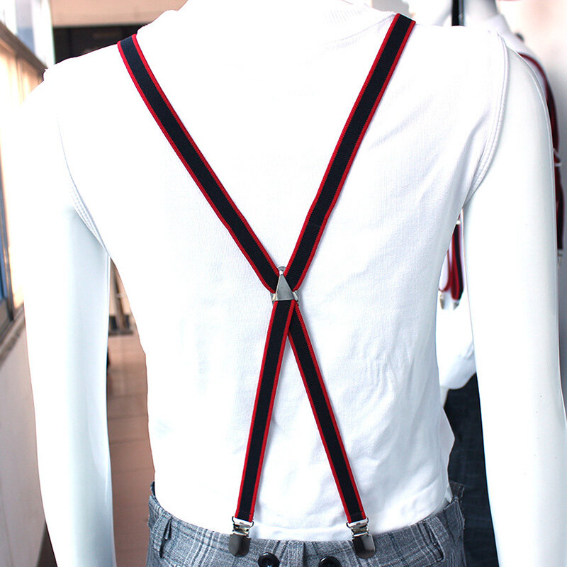 ผู้ชายผู้หญิงสีดำสีแดงยืดหยุ่นคู่ Tali Bahu 1.5ซม.กว้าง4คลิป X-ประเภทวงเล็บ Suspenders กางเกงเสื้อผ้าอุปกรณ์เสริม