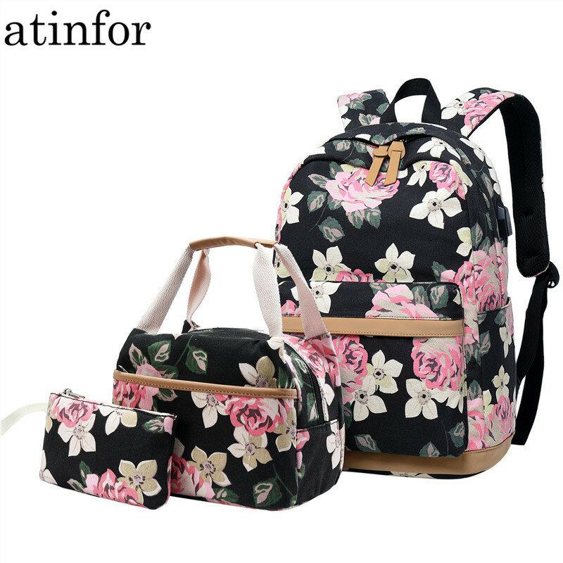 Atinfor Marke 3 teile/satz Floral Schule Rucksäcke für Teen Mädchen Schule Taschen Leichte Leinwand Rucksack Reise Bookbags Set