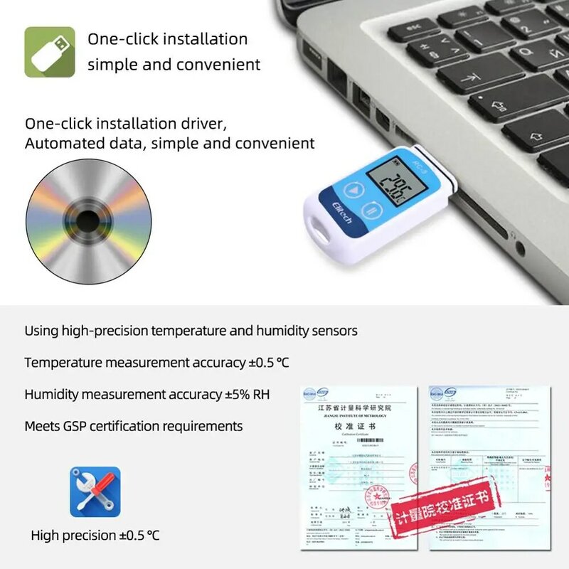 Digital USB Temperatura Data Logger, RC-5, alta precisão, armazenamento de armazém, transporte refrigerado, laboratório, Etc