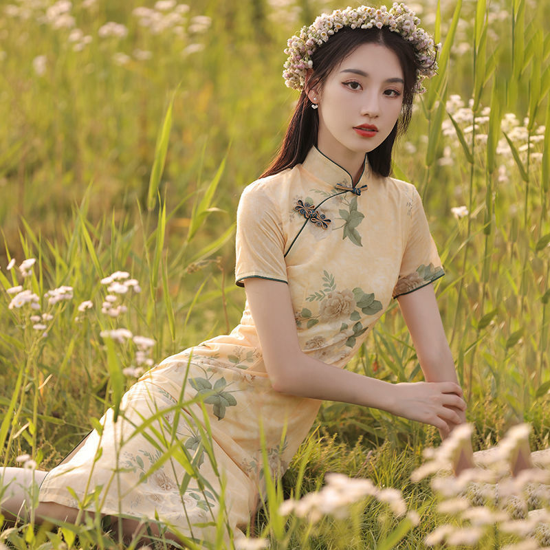 Женское традиционное китайское платье Ципао с цветочным принтом, элегантное ретро платье с воротником-стойкой и коротким рукавом