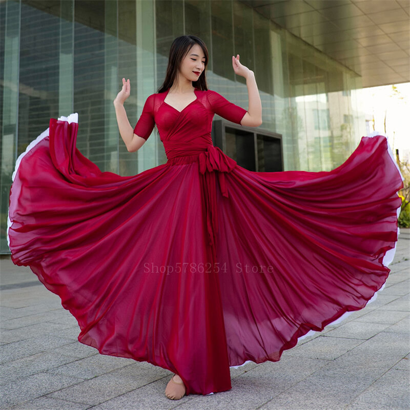 720 stopni hiszpański spódnica Flamenco kobiety dziewczęta taniec Gypsy szyfonowa brzuch dwuwarstwowa szyfonowa sukienka Big Wing bandażowa bluzka wydajność