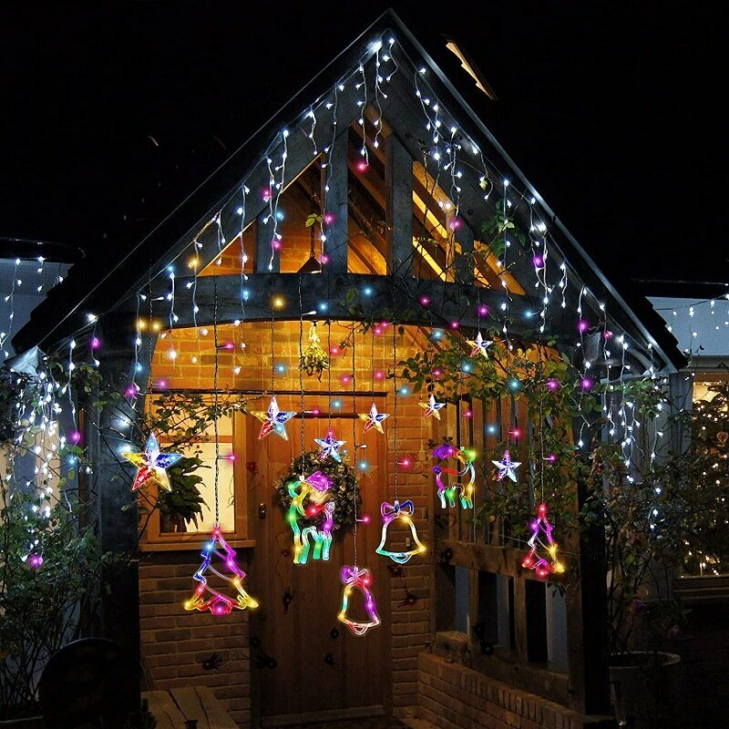 LED dzwonki jelenia kurtyna świetlna EU US świąteczna girlanda lampki świąteczne na sznurku na zewnątrz na domowe wesele wystrój nowego roku