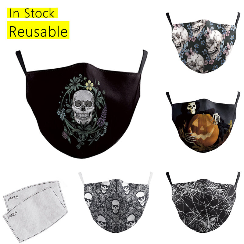 Mouth Mask Washable Black Mask Series Skull Print Face Mask Mouth-Muffle Mouth Caps Dustproof Washable Reusable Face Masks
