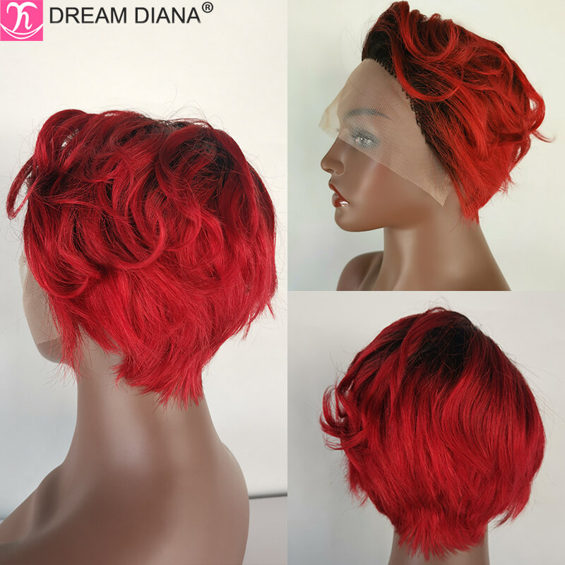 DreamDiana-Peluca de cabello humano brasileño con corte Bob Pixie, pelo corto recto con malla frontal 13x4, 150 de densidad, ombré, 100%