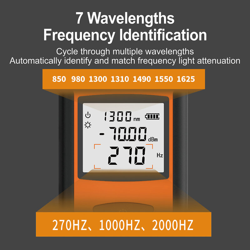 Medidor de potência óptica de alta precisão, com led, recarregável, testador de fibra, detector de queda de luz-70 ~ + 10 dbm para testes de 7 comprimentos de onda