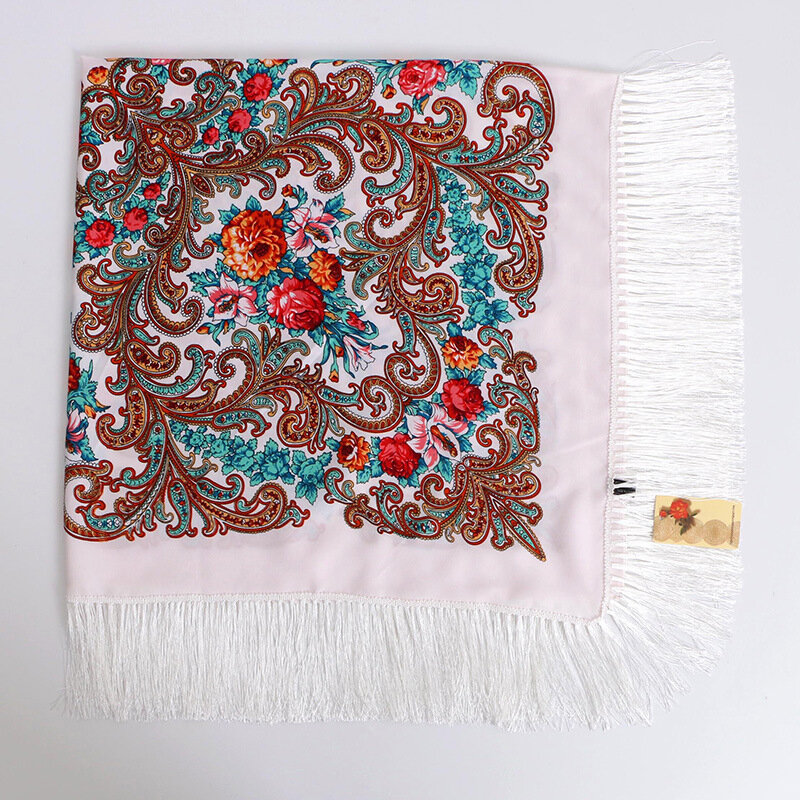 Lenço nacional grande quadrado russo para mulheres, lenços de cabeça estampados estilo étnico, cobertor franja retrô feminino, xale de algodão 130x130cm