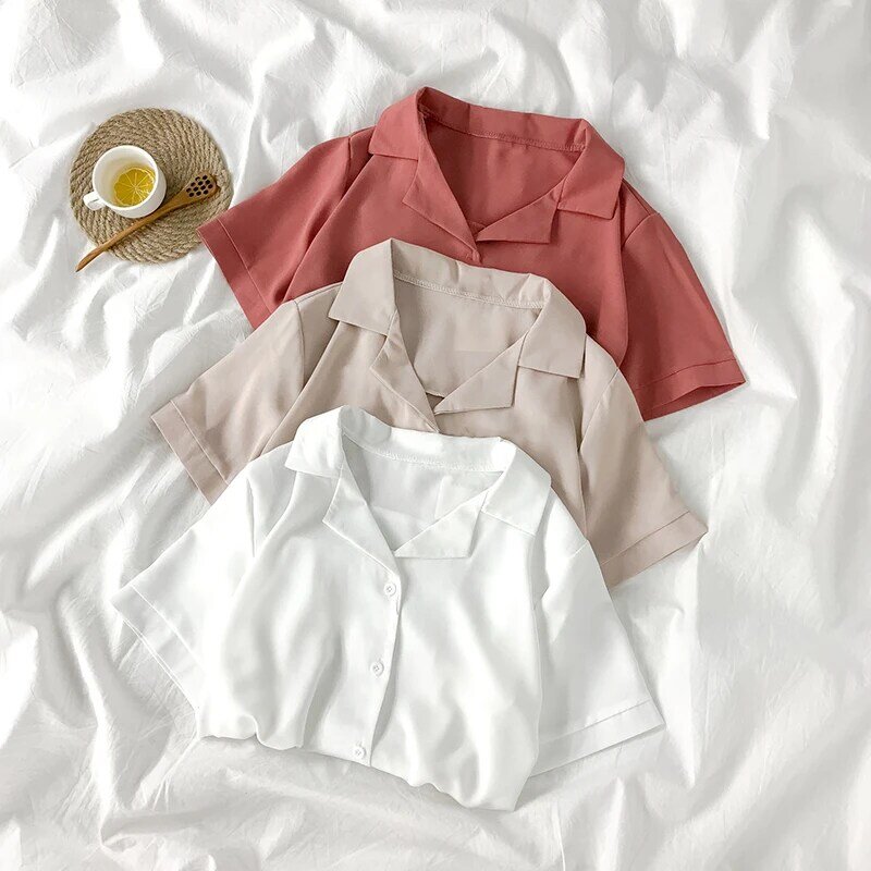 short-sleeved chiffon women shirts 2020 summer new turn-down collar solid loose casual all match female shirts outwear tops