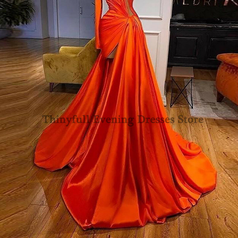 Thinyfull Formal Orange Evening Dresses Sexy One ShoulderSoft Satin High Split Prom Dress Long Backless Party Gowns Plus Size