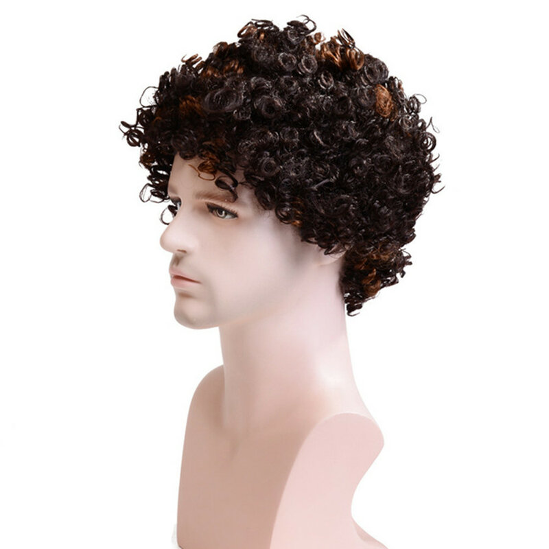 Peruca masculina europeia e americana pequenas perucas encaracoladas cabeça explosiva capa marrom escuro perucas de cabelo sintético
