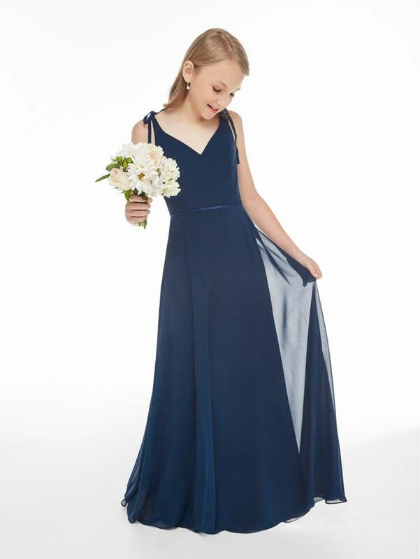 Navy Blau Günstige Junior Brautjungfer Kleider Unter 50 A-line V-ausschnitt Bodenlangen Chiffon Lange Hochzeit Party Kleider