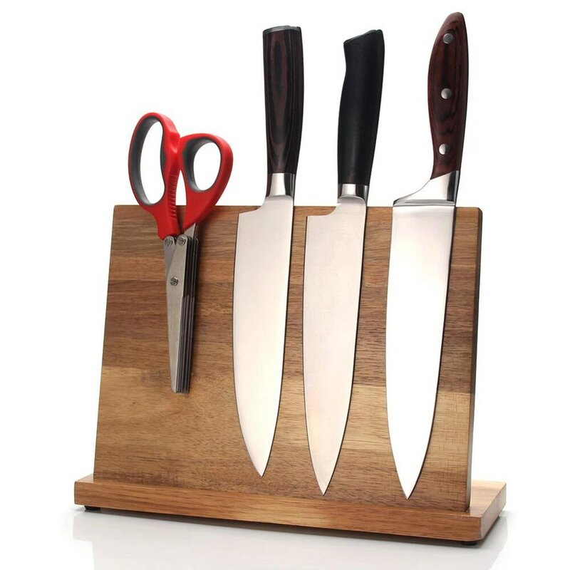 Drewno akacjowe magnetyczny nóż bloku uchwyt, uniwersalny stojak bez noży do kuchni