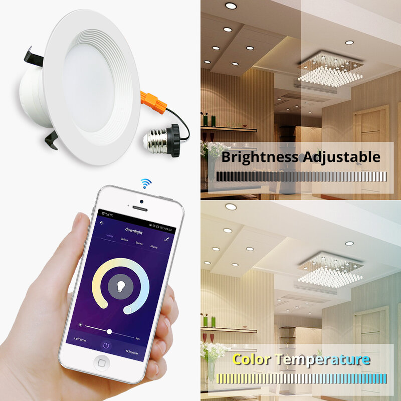 Benexmart-Luz LED de techo inteligente con WiFi, luz descendente de 4 pulgadas, RGBCW, Base E27 tipo EE. UU., Panel Alexa y Google Home, lámpara que cambia de Color