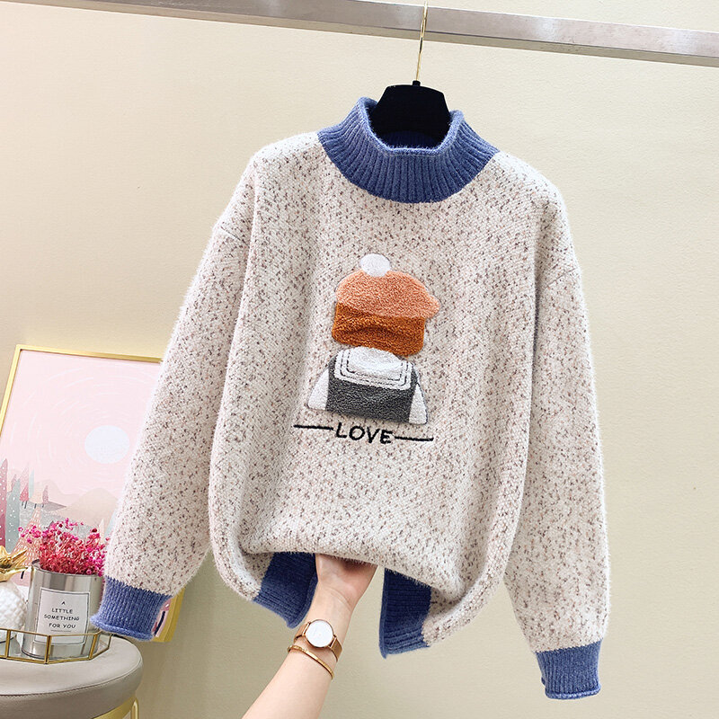 Pullover donna maglione dolcevita addensato maglione ricamato cartone animato invernale maglione a maniche lunghe amore tinta unita maglione lavorato a maglia top