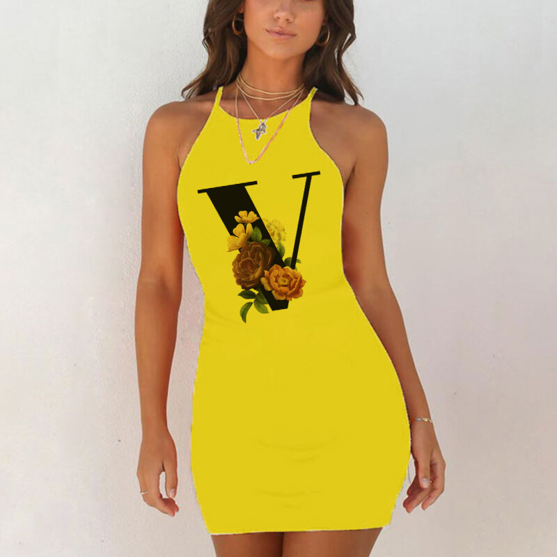 Camisón con estampado del alfabeto inglés para mujer, ropa de dormir Sexy, camisas de noche, paquete de cadera, vestido de noche amarillo, verano, 26