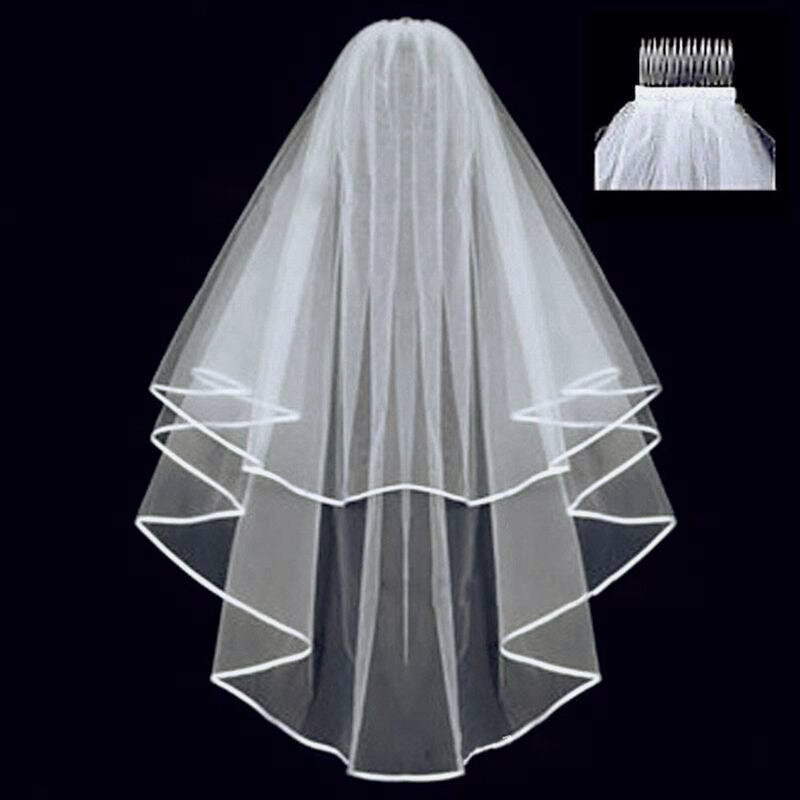 Kerudung pernikahan kain Tule pendek sederhana murah putih gading kerudung pengantin untuk pengantin aksesoris pernikahan Mariage kerudung pengantin