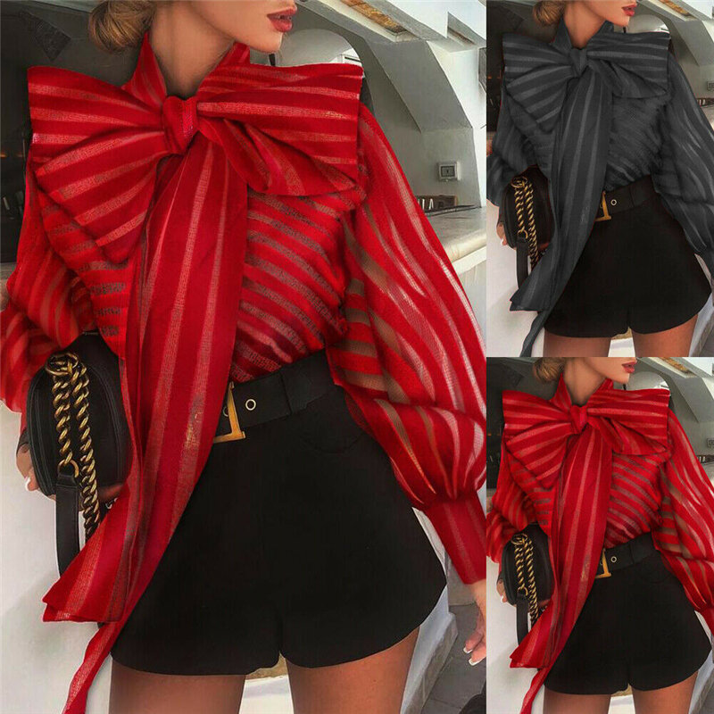 Women Mesh Sheer Striped Blouse See-through Long Sleeve Top Shirt Fashion Elegant Big Bowknot Black Red Shirt Female Blusas