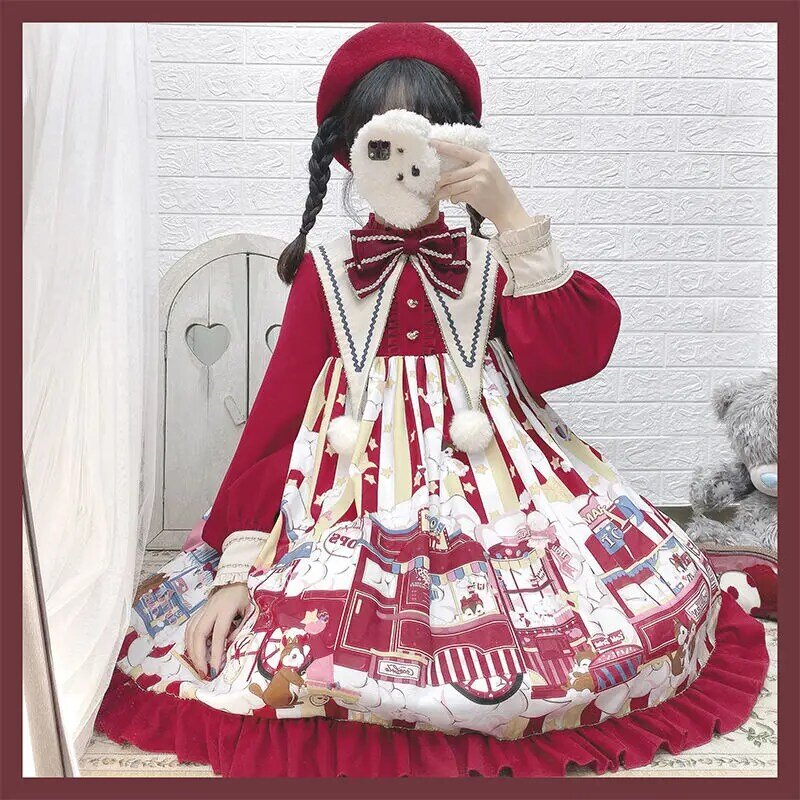 Vestido de Lolita para niña, traje rojo de Navidad y Año Nuevo, Vintage con volantes, princesa Op, manga larga, estilo japonés, ropa Kawaii