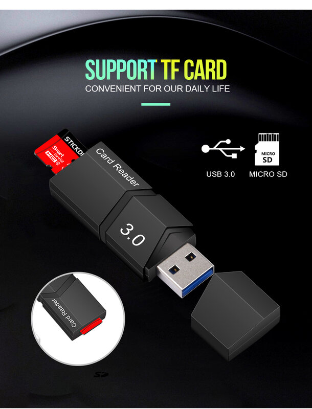 Micro SD Card Reader Kit para Windows e Mac, Cartão de Memória Inteligente de Alta Velocidade, USB 3.0, Conversor TF