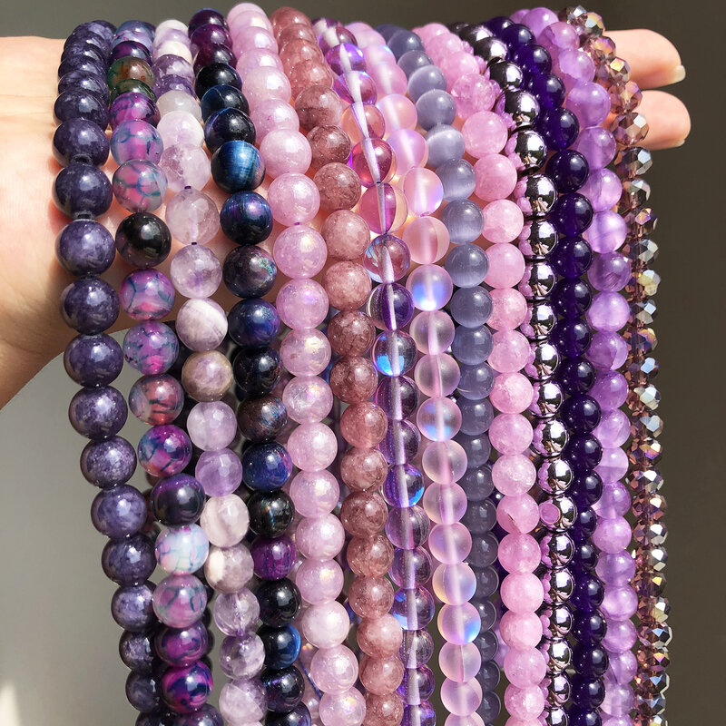 Natural Stone Purple Series Gems Bead Amethysts Kunzite Crystal Jaspers Angelite Round Loose Beads For Jewelry Making DIY 4-12mm