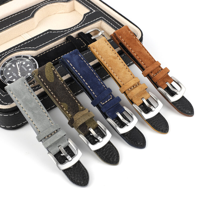 Sabuk jam tangan kulit Suede, sabuk pengganti jam tangan 18mm 19mm 20mm 22mm, gelang antik buatan tangan, abu-abu, cokelat