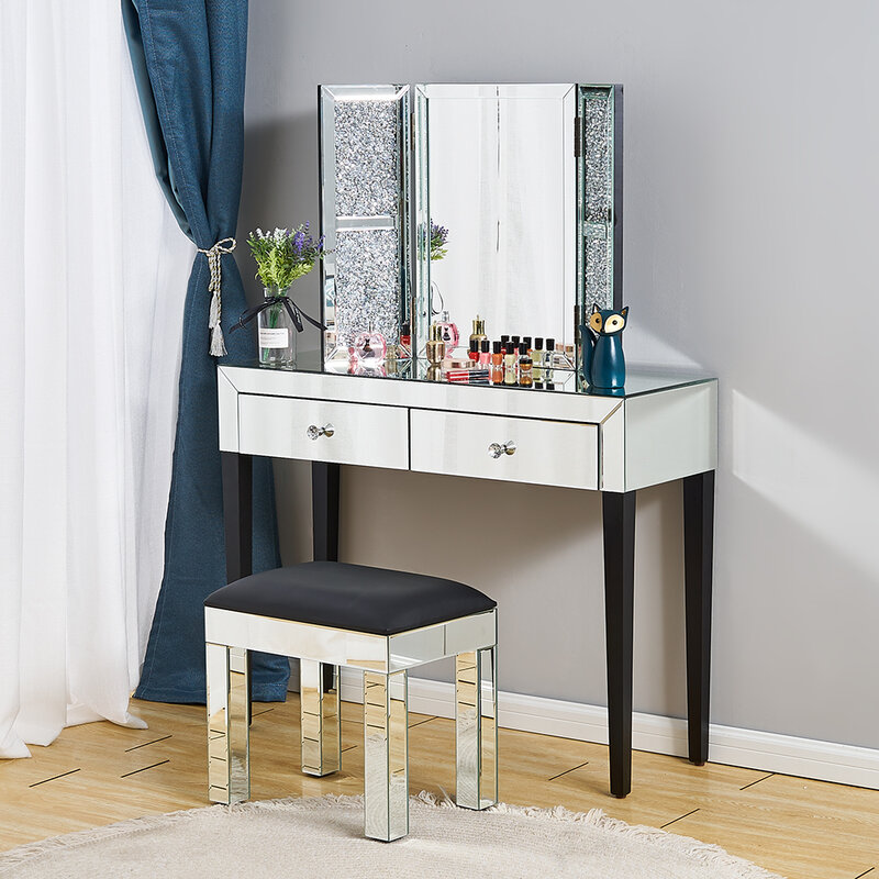 Ship to Europe Mirrored Dressing Table Bedroom Furniture Modern 3 Folded Crystal Panel Console table Corner table Dresser