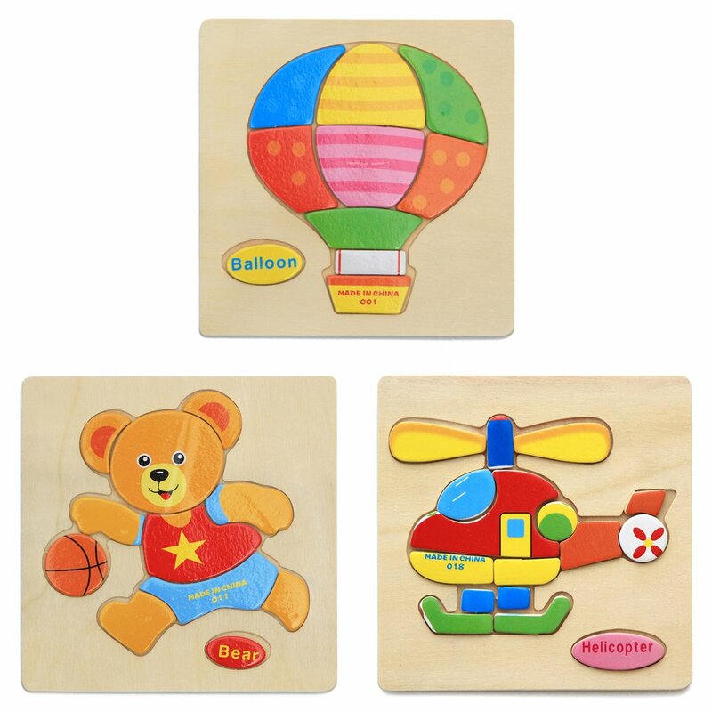 3pcs/set Children's Wooden Cartoon Animal Three-dimensional Puzzles Traffic Fruit Jigsaw Puzzle Children Early Educational Toys