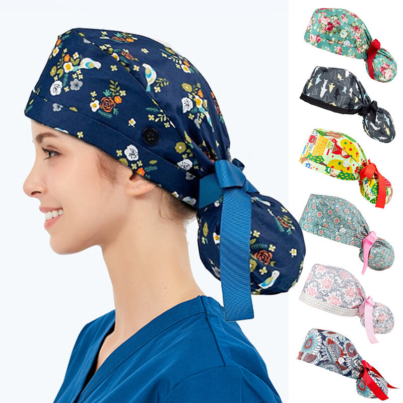 Chapéu Bouffant De Algodão Ajustável, Suor-Absorvente Elastic Nurse Hat, Longhair Scrubs Chapéus, Multicolor Scrubs