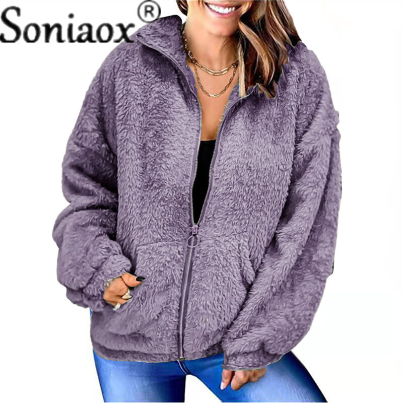 Chaqueta con capucha de felpa para mujer, abrigo informal holgado y cálido con cremallera de piel sintética, Rebeca Retro, abrigo de invierno, 2021