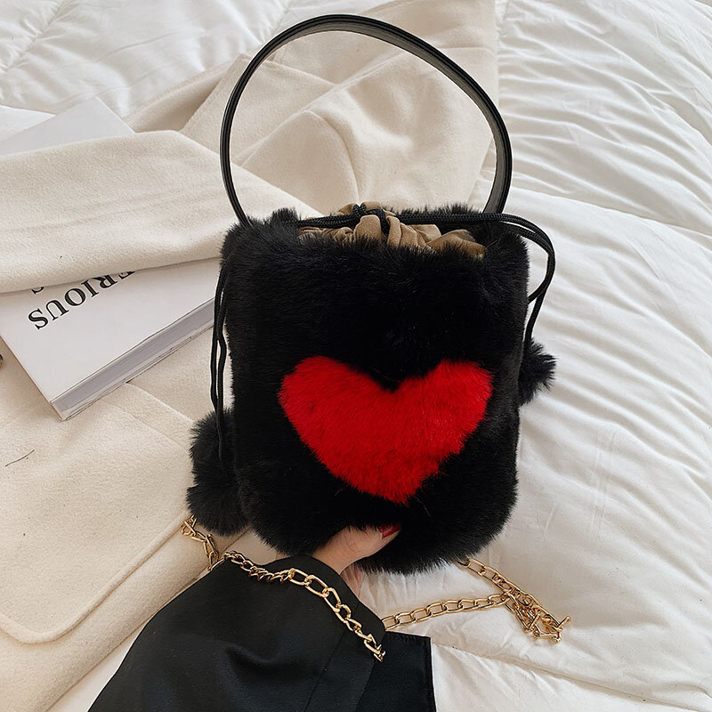 Ręcznie Tas puszyste torby serce pluszowe duże torba z rączkami łańcucha Furry luksusowy projektant torebka dla kobiet 2021 nowe miękkie futro ramiona wiadro torby