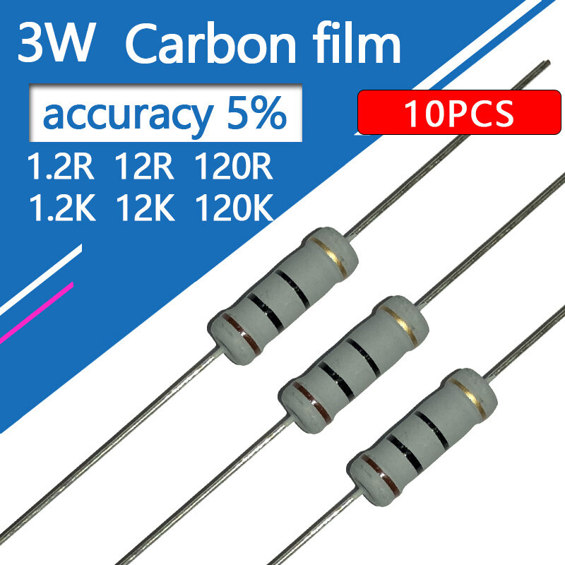 10pcs 3W Resistor de filme de Carbono Quatro Cores Círculo 1R 1.2R 1.5R 1K 1K2 1K5 10 12 15 R 100 120 150 K Ohm 10R 100R 15 10K K Resistência